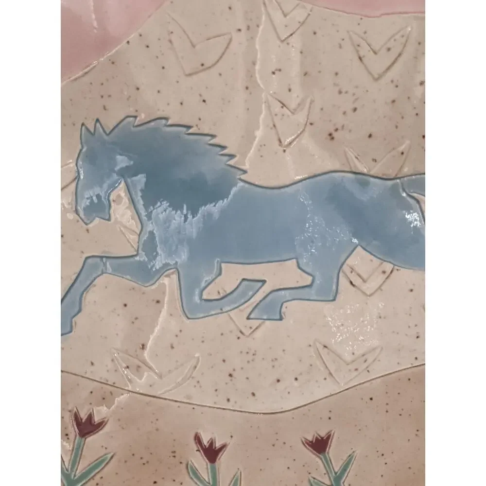 Vintage 1987 Barbara Demery Southwest Ceramic Shallow Bowl – Blue Horse-Signed - Picture 4 of 12